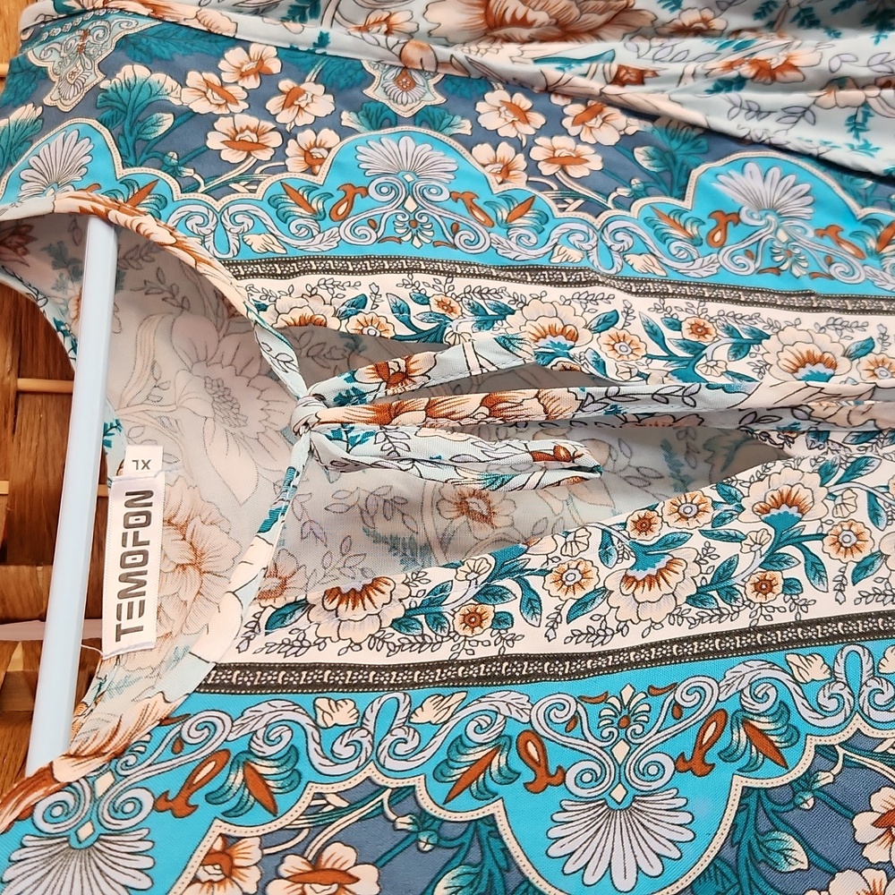 Temofon, Bohemian Teal, Blue, Brown, Floral  Fall, Spring Longsleeve Dress Sz XL - Picture 5 of 10